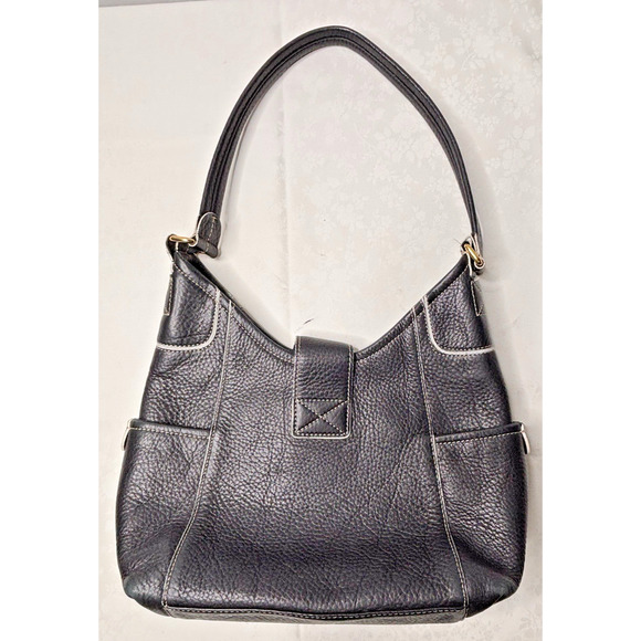 Fossil Black Pebbled Leather Shoulder Bag Purse Hobo Tote w/ Buckle & Contrast S - Picture 12 of 13